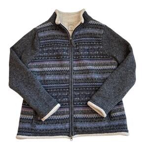 LL Bean Cardigan Sweater Jacket Women LRG Gray Fair Isle Sherpa Lined Wool Blend